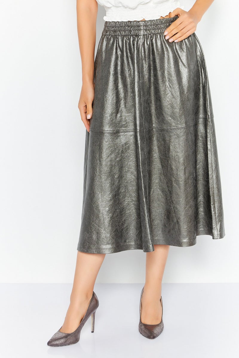 ESPRIT Women Metallic Faux Leather Midi Skirt, Dark Grey - Image 1