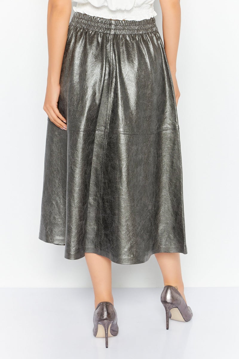 ESPRIT Women Metallic Faux Leather Midi Skirt, Dark Grey - Image 4