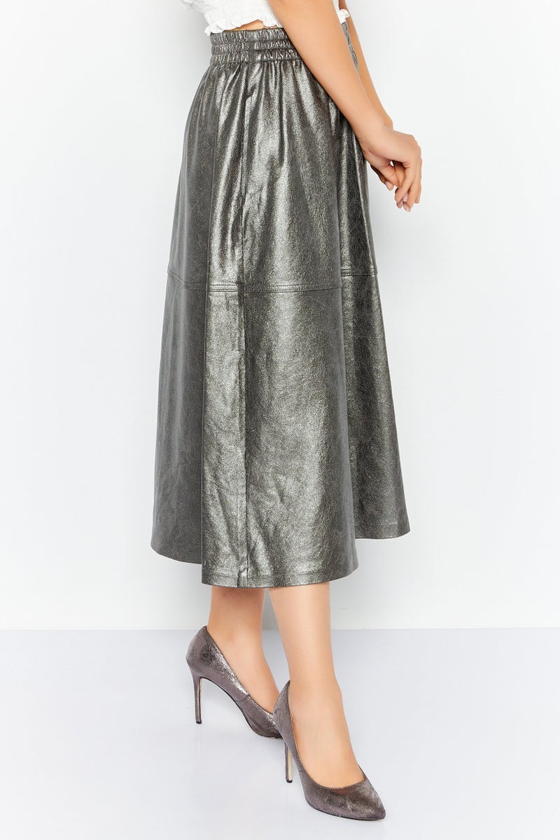 ESPRIT Women Metallic Faux Leather Midi Skirt, Dark Grey - Image 3