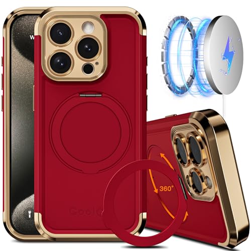 COOLQO for iPhone 15 Pro Max Case 6.7'' Upgraded 360° Spin Magnetic Stand [Compatible with Magsafe][Military Protection] Shockproof Protective Phone Holder Cover for iPhone 15 Pro Max, Red Gold - Image 1