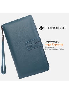 Bveyzi Women'S Big Fat Rfid Leather Wristlet Wallet Organizer Large Phone Checkbook Holder With Zipper Pocket (Blue)  - Image 2