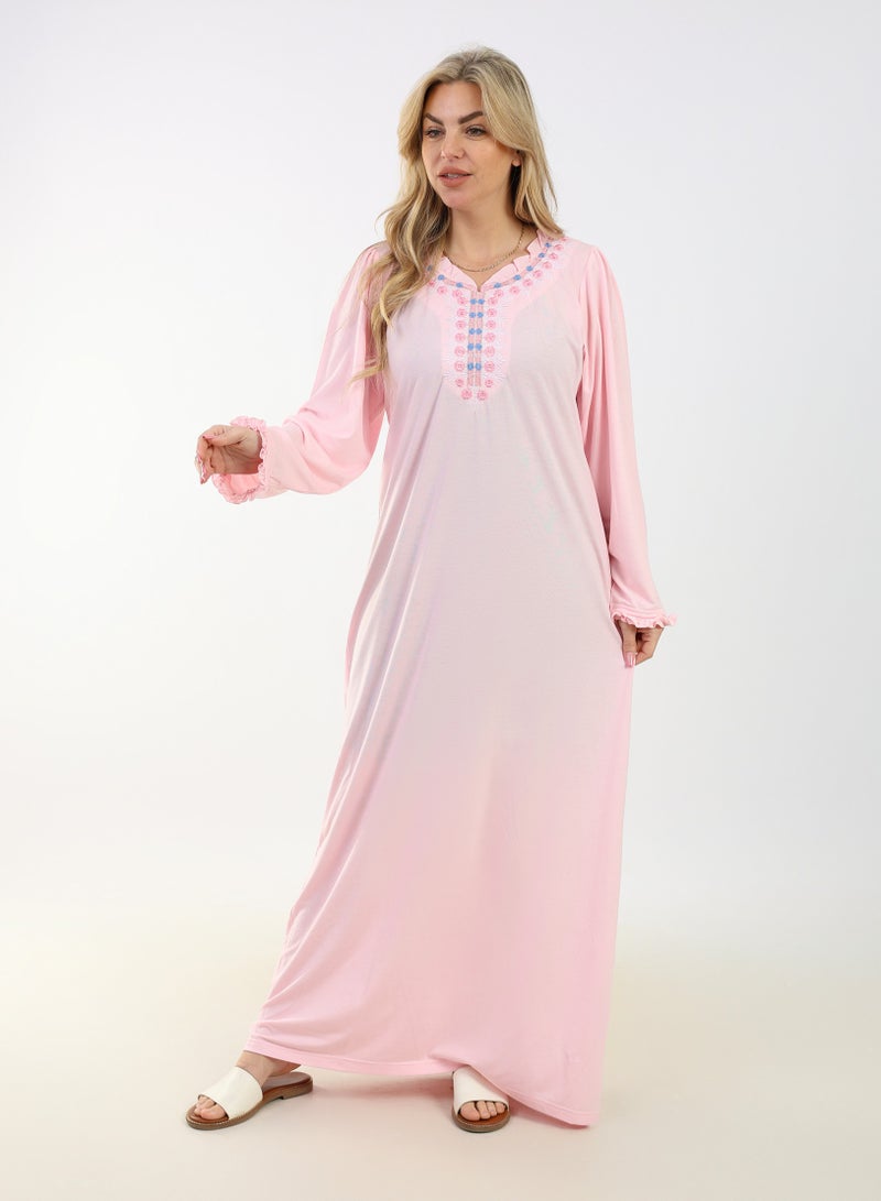 zecotex  Summer Maxi Abaya | Pink Embroidered Long Dress | Elegant Long Sleeves | Viscose Maxi Dress | Lightweight Fabric for Maximum Comfort | Women's Loungewear - Image 2