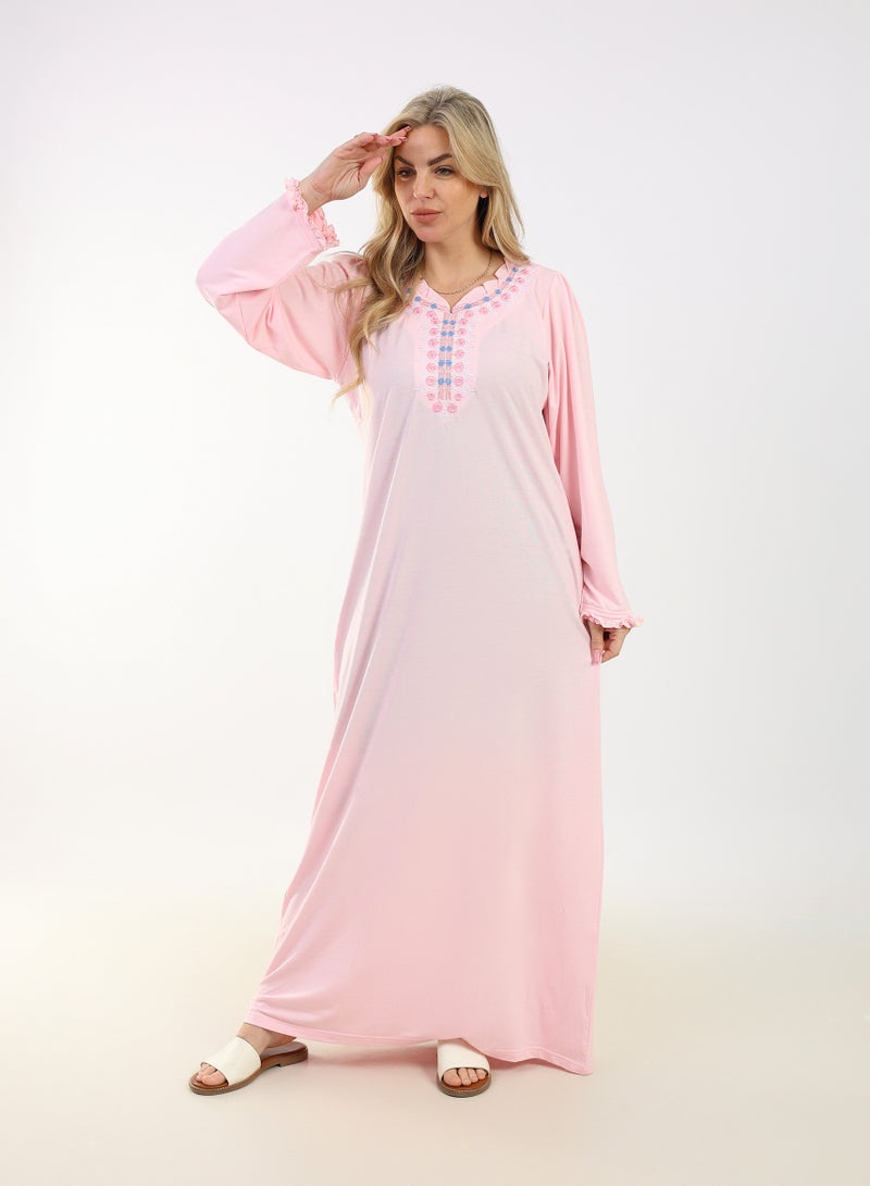zecotex  Summer Maxi Abaya | Pink Embroidered Long Dress | Elegant Long Sleeves | Viscose Maxi Dress | Lightweight Fabric for Maximum Comfort | Women's Loungewear - Image 3