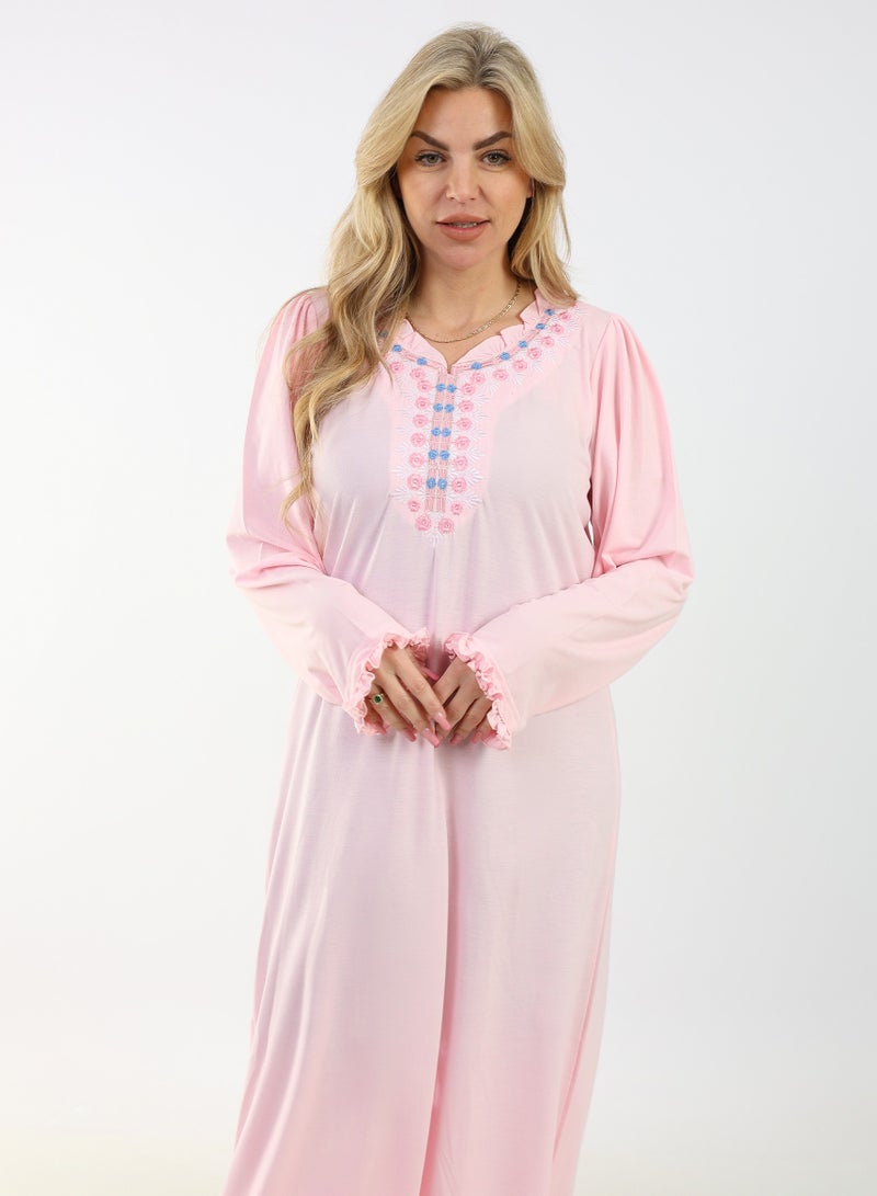 zecotex  Summer Maxi Abaya | Pink Embroidered Long Dress | Elegant Long Sleeves | Viscose Maxi Dress | Lightweight Fabric for Maximum Comfort | Women's Loungewear - Image 4