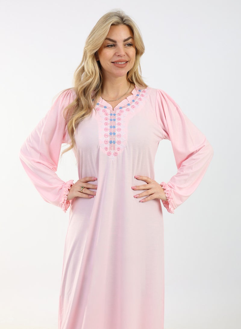 zecotex  Summer Maxi Abaya | Pink Embroidered Long Dress | Elegant Long Sleeves | Viscose Maxi Dress | Lightweight Fabric for Maximum Comfort | Women's Loungewear - Image 5
