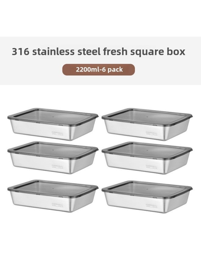 316 Stainless Steel Preservation Box Fruit Box Lunch Box Refrigerator Sealed Box Thickened Finishing Storage Box Freezer Box-Specifications:2200ml-6-piece Set [with Lid]  - Image 1