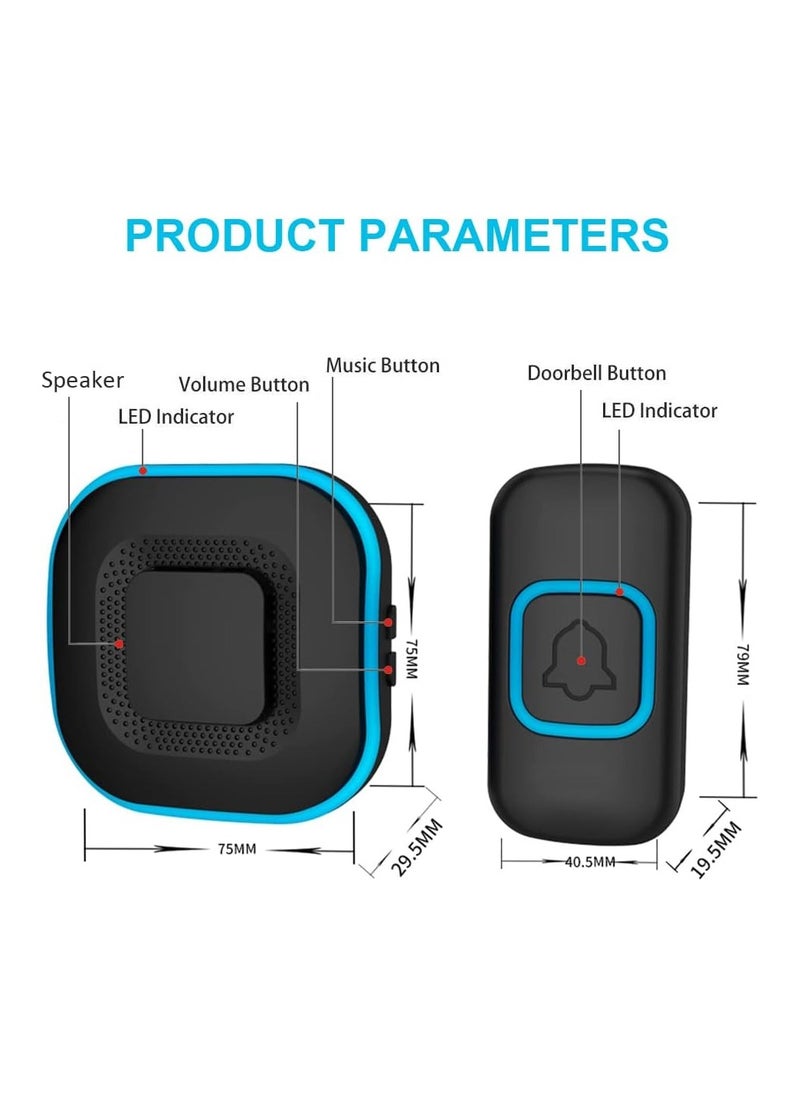 SYOSI - Wireless Doorbell, Door Bell Kit Cordless Battery Operated and UK Plug in AC Electric Chime Long Range with 38 Tunes 4 Levels Volume and Blue LED Flash, Portable Easy Install for Home School Office - Image 1