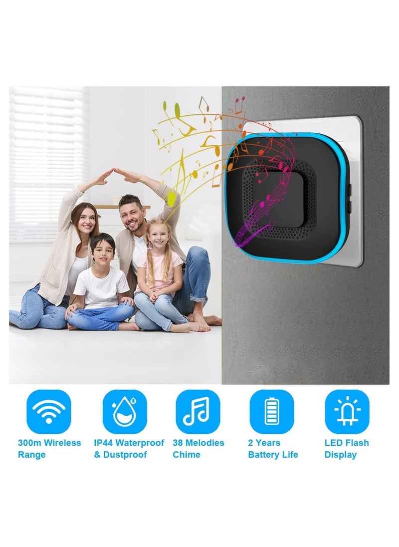 SYOSI - Wireless Doorbell, Door Bell Kit Cordless Battery Operated and UK Plug in AC Electric Chime Long Range with 38 Tunes 4 Levels Volume and Blue LED Flash, Portable Easy Install for Home School Office - Image 1