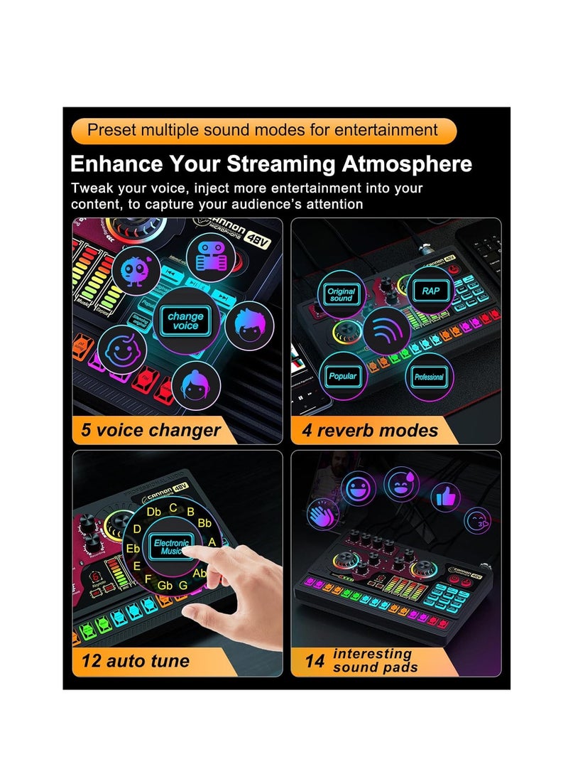 SYOSI - Podcast Equipment Bundle, Sound Board Voice Changer, X5 Audio Interface with Mixer and Vocal Effects, Studio All-in-one XLR DJ Mixer for Phone PC Live Streaming Recording Gaming Podcasting(X5-Black) - Image 1