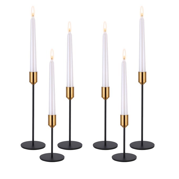 CANDLE HOLDERSSET OF 6 CANDLESTICK HOLDERS FOR TAPER CANDLES BRASS GOLD BLACK MODERN DECORATIVE CANDLE STICK HOLDER FOR TABLE MANTEL WEDDING DINNING PARTYCANDLES ARE NOT INCLUDED