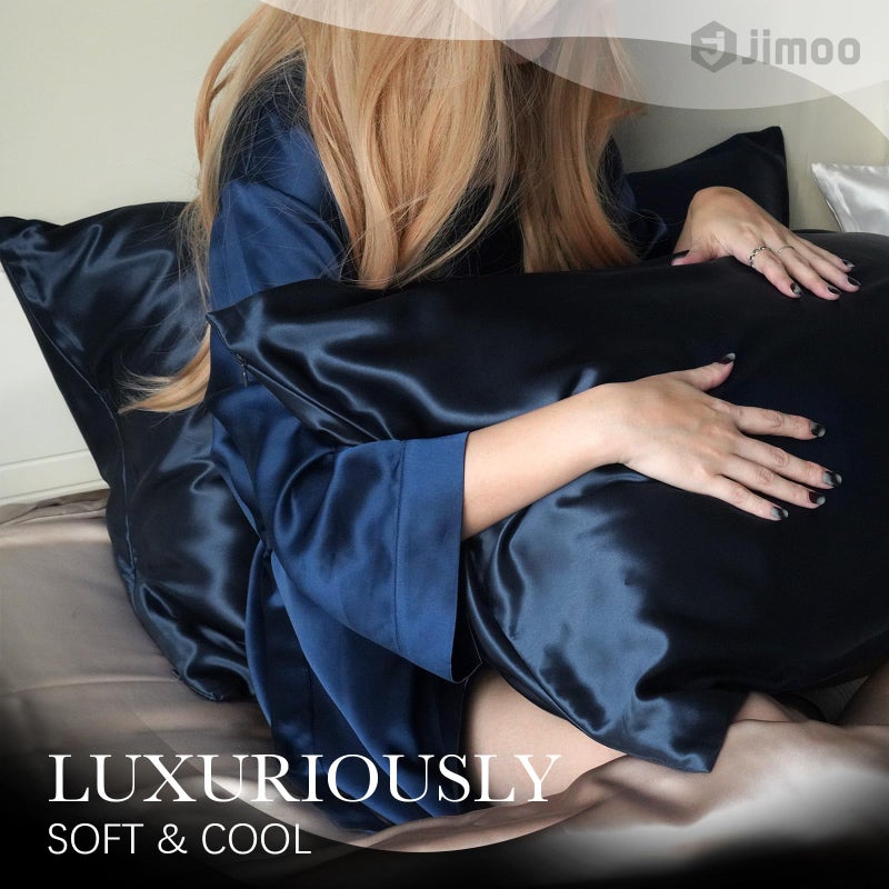 J JIMOO 100% Mulberry Silk Pillowcase for Hair and Skin, 22 Momme Pure Natural Silk Pillow Case Both Sided with Zipper, Pillow Cover for Women Mom Men (Navy Blue, Standard 20''Ã—26'', 1 Pack) - Image 2