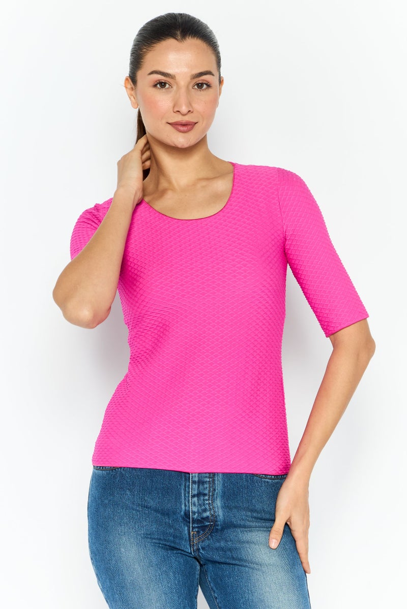 armani Emporio Armani Women Round Neck Short Sleeve Textured Top, Pink - Image 1