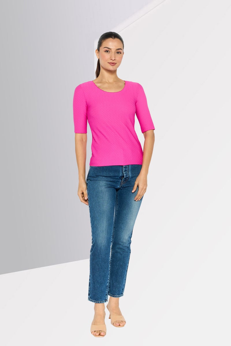 armani Emporio Armani Women Round Neck Short Sleeve Textured Top, Pink - Image 2