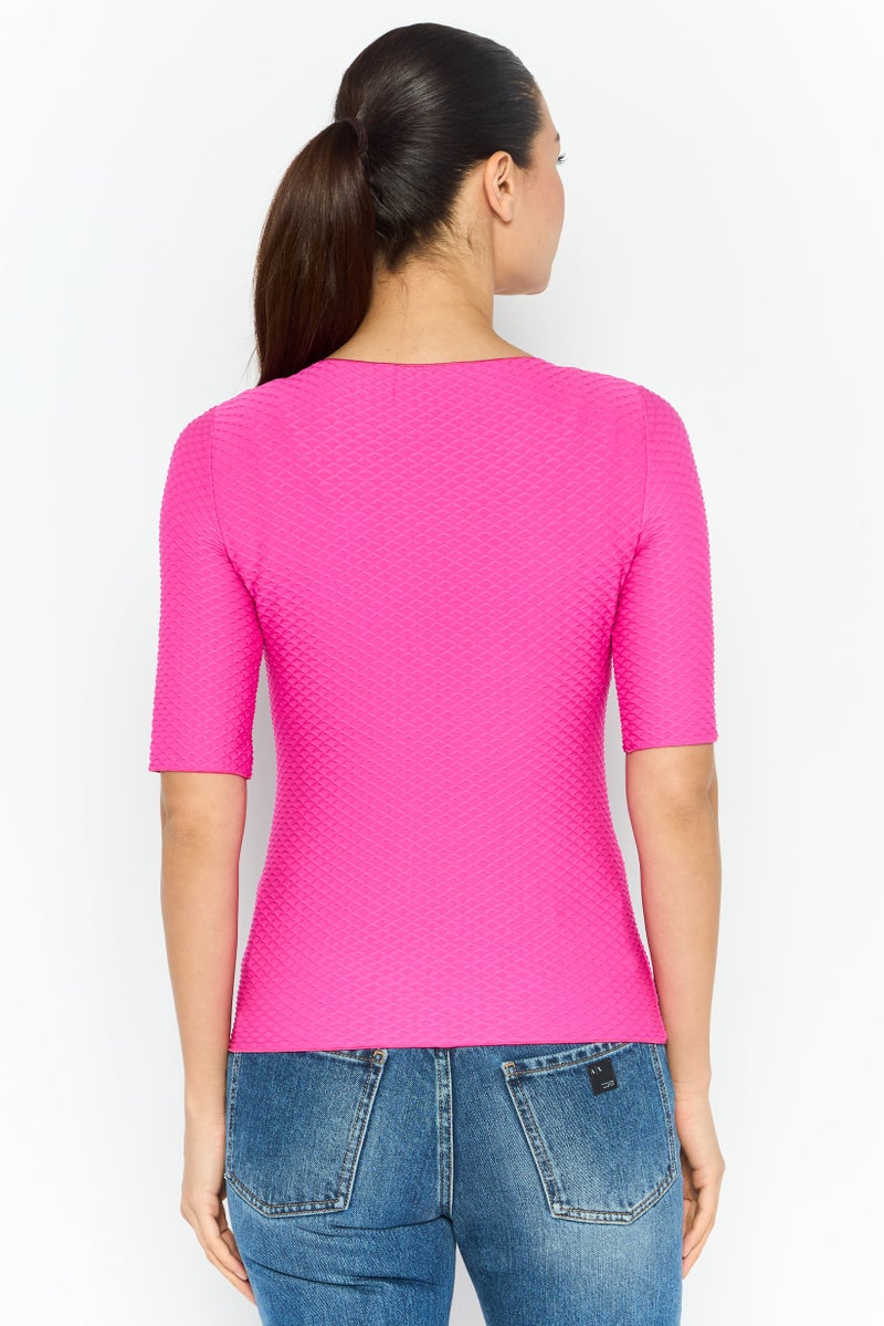 armani Emporio Armani Women Round Neck Short Sleeve Textured Top, Pink - Image 4