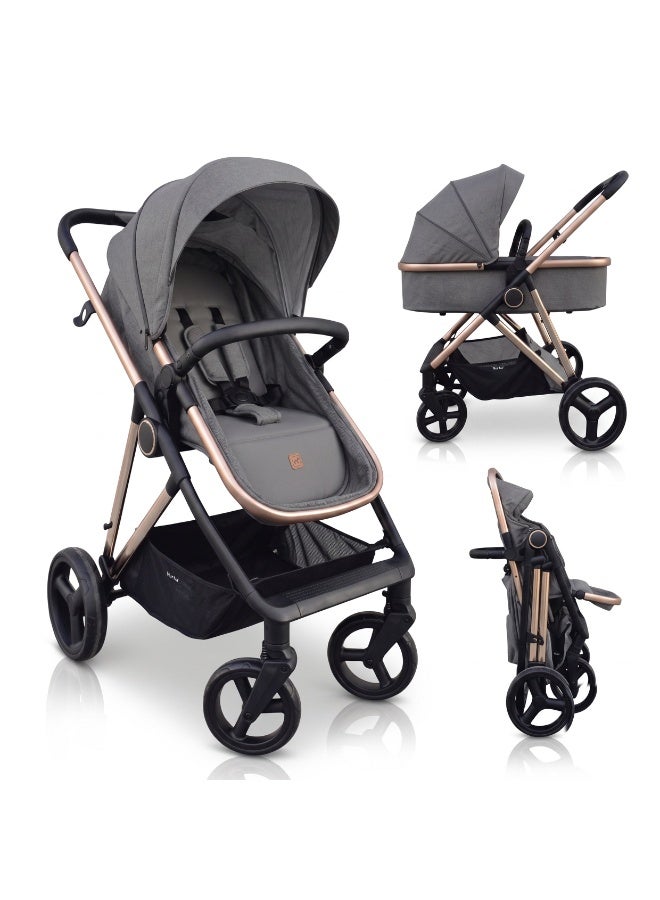 Nurtur Cradle 2 in 1 High Landscape Convertible Baby Stroller, Foldable Pushchair, Newborn Reversible Bassinet Pram, Aluminum Structure, 5-Point Harness for Infant & Toddler - Grey - Image 1