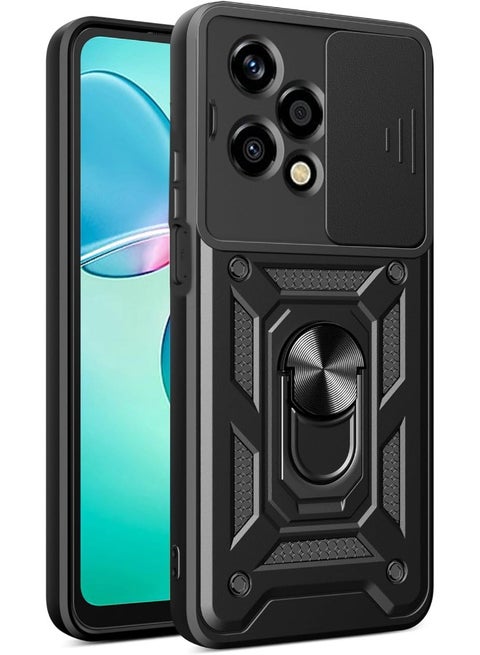 Honor 200 Lite Case, Honor 200 Lite Cover with Slide Camera Cover, Heavy Duty Shockproof Phone Case Cover with Ring Kickstand for Honor 200 Lite 5G 6.7 inch, Black