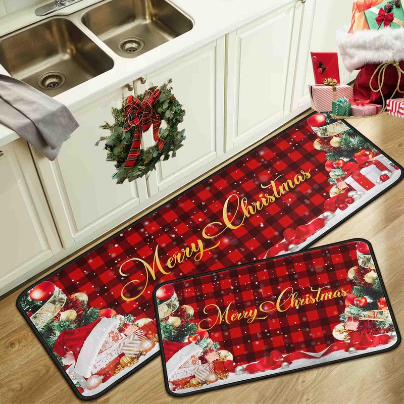 Noulmea Buffalo Plaid Snow Red Christmas Kitchen Rugs and Mats Set of 2 Merry Christmas Tree Winter Holiday Party LowProfile Floor Mat Decorations for Home Kitchen 17x4717x30