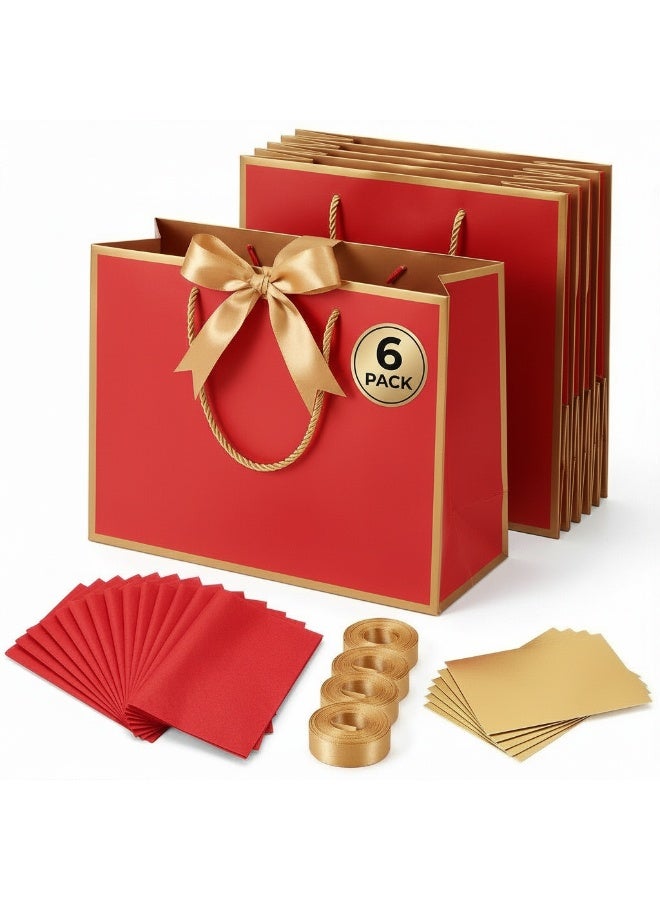 Circuit Green 6-Pack Luxury Large Red Gift Bags with Gold Trim (43×32×14 cm) – Includes 6 Gold Ribbons, 6 Greeting Cards & 12 Matching Red Tissue Sheets – Premium Festive Gift Bag Set - Image 1