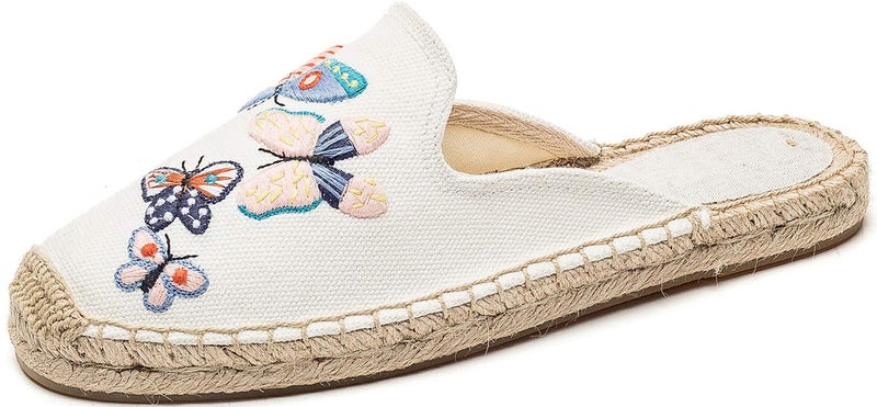 U-lite Women's Stylish Embroidery Flat Espadrilles Fancy Mule Beige Butterfly 10 - Image 1