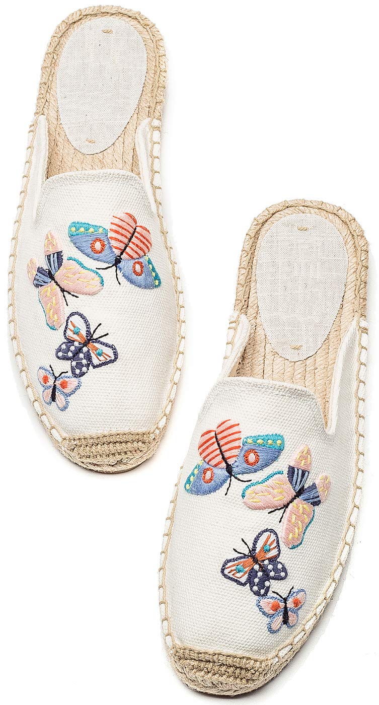 U-lite Women's Stylish Embroidery Flat Espadrilles Fancy Mule Beige Butterfly 10 - Image 5