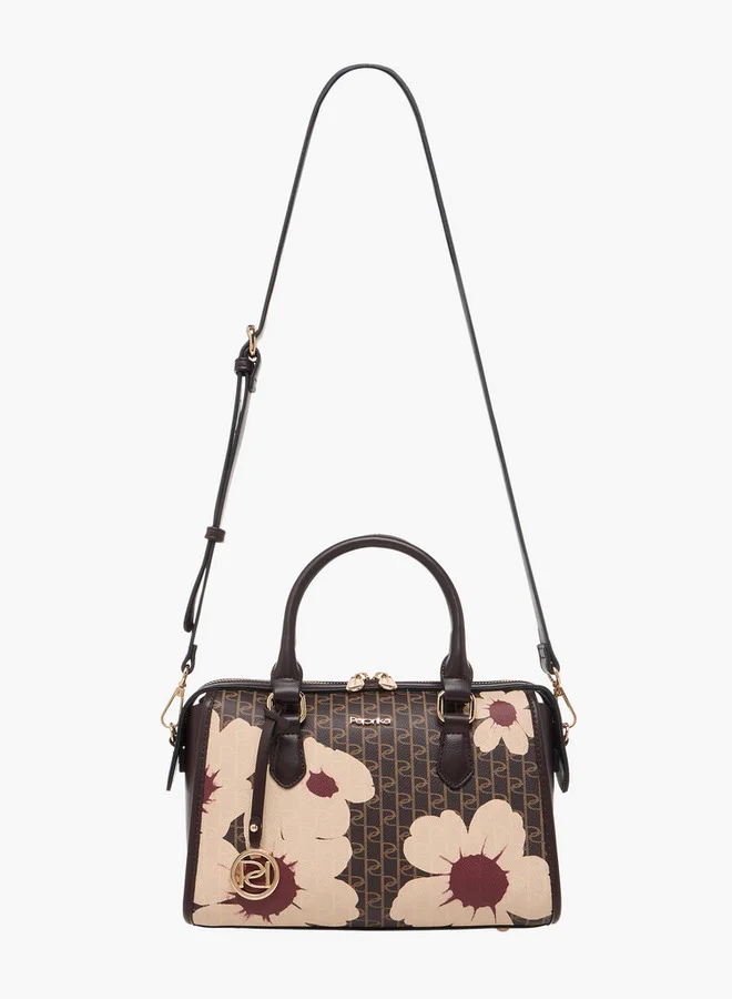 Paprika Monogram Print Tote Bag with Detachable Strap and Zip Closure