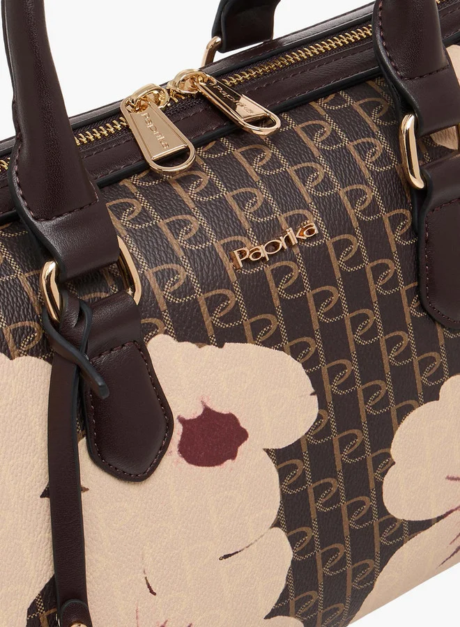 Paprika Monogram Print Tote Bag with Detachable Strap and Zip Closure