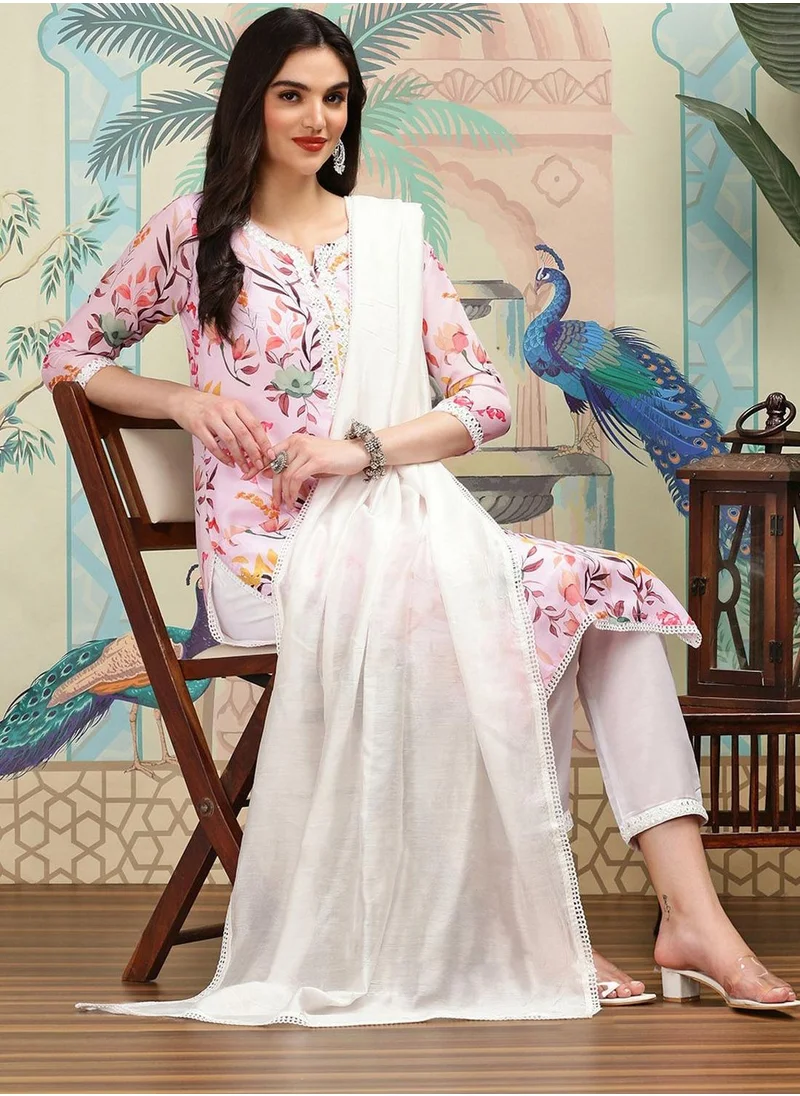 آي شين Regular Fit Three-Quarter Sleeve Printed Lavender Polyester Woven Kurta Set For Women Flat Collar Perfect For Wedding And Engagement Pull On Closure