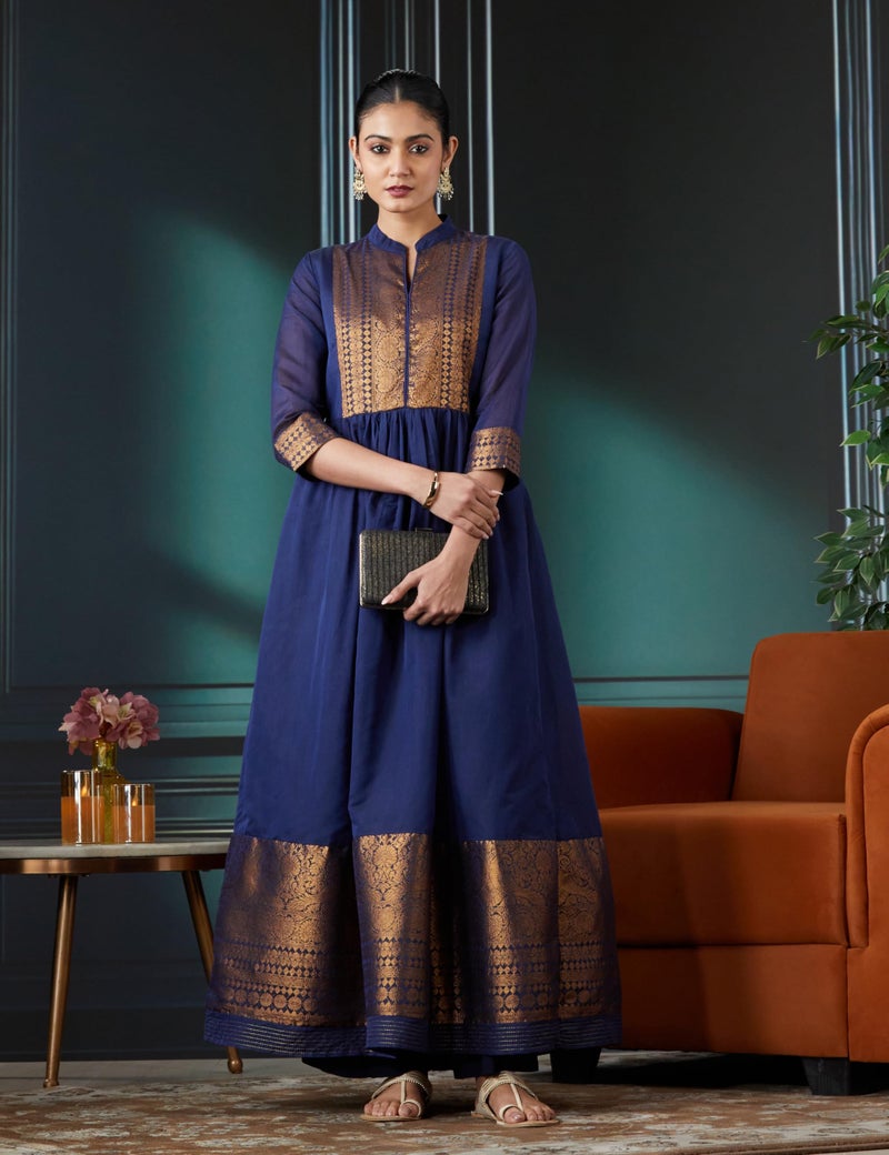 Biba Women Navy Blue Polyester Blend Kurta_42 - Image 2