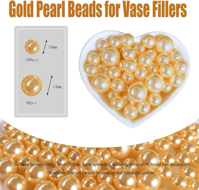 GLBYUNN 140pcs Gold Pearl Beads for Vase Filler Makeup Beads for Brushes Holder Assorted Round Faux Pearl Beads for Home Wedding Decor 10/14mm - Image 3