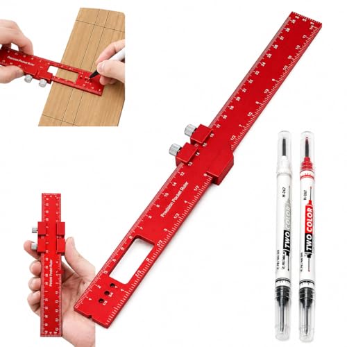 BOSSNUOK Precision Woodworking Ruler Set, 300mm/12 inch Red Aluminium Alloy Ruler with Sliding Stop and 3 Pivot Holes, Includes 2 Dual-Colour Pens, Etched Scale Layout Tool for DIY Carpentry - Image 1