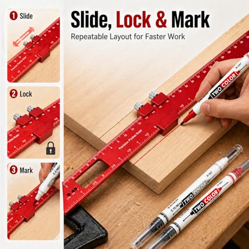 BOSSNUOK Precision Woodworking Ruler Set, 300mm/12 inch Red Aluminium Alloy Ruler with Sliding Stop and 3 Pivot Holes, Includes 2 Dual-Colour Pens, Etched Scale Layout Tool for DIY Carpentry - Image 3