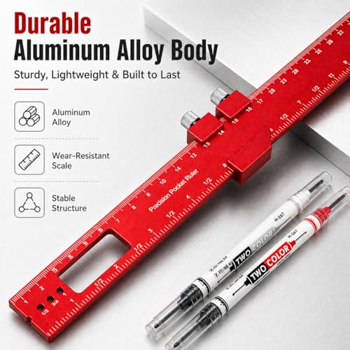 BOSSNUOK Precision Woodworking Ruler Set, 300mm/12 inch Red Aluminium Alloy Ruler with Sliding Stop and 3 Pivot Holes, Includes 2 Dual-Colour Pens, Etched Scale Layout Tool for DIY Carpentry - Image 4