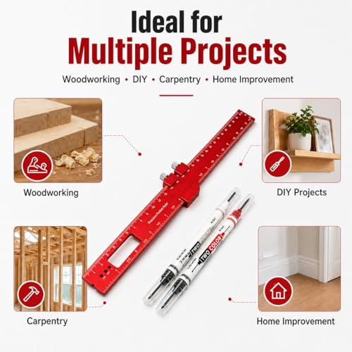 BOSSNUOK Precision Woodworking Ruler Set, 300mm/12 inch Red Aluminium Alloy Ruler with Sliding Stop and 3 Pivot Holes, Includes 2 Dual-Colour Pens, Etched Scale Layout Tool for DIY Carpentry - Image 5
