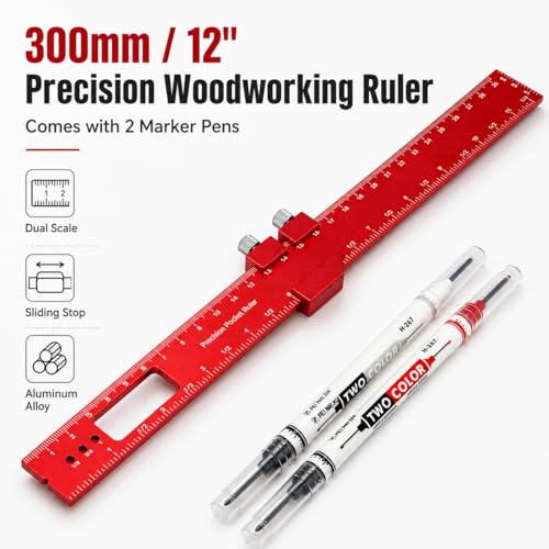 BOSSNUOK Precision Woodworking Ruler Set, 300mm/12 inch Red Aluminium Alloy Ruler with Sliding Stop and 3 Pivot Holes, Includes 2 Dual-Colour Pens, Etched Scale Layout Tool for DIY Carpentry - Image 2