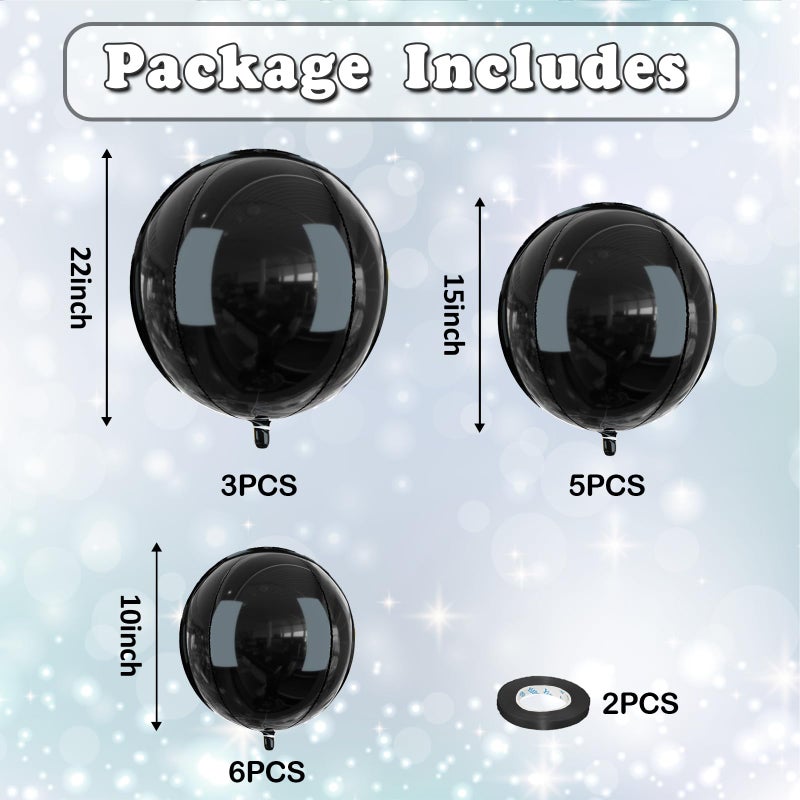 Froova 14 Pcs Black Round Foil Balloons 22/15/10 Black 4D Ball Balloons Ornament Mylar Balloon for Birthday Graduation Wedding Anniversary Bachelorette Baby Shower New Year Disco Party Decorations - Image 2