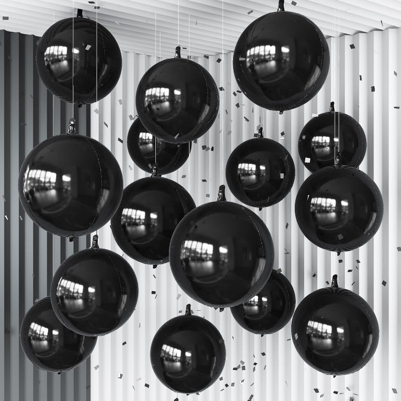 Froova 14 Pcs Black Round Foil Balloons 22/15/10 Black 4D Ball Balloons Ornament Mylar Balloon for Birthday Graduation Wedding Anniversary Bachelorette Baby Shower New Year Disco Party Decorations - Image 1