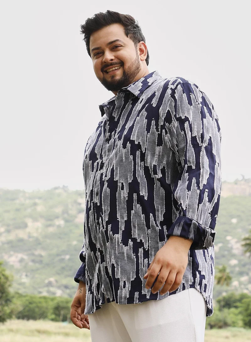 Instafab Plus  Instafab Men's Navy Blue Contrast-Distressed Jacquard Shirt | Spread Collar , Long Cuffed Sleeves , Button Closure | Abstract Jacquard | Cotton-Blend Shirt For Casual Wear for Men | Best Price UAE