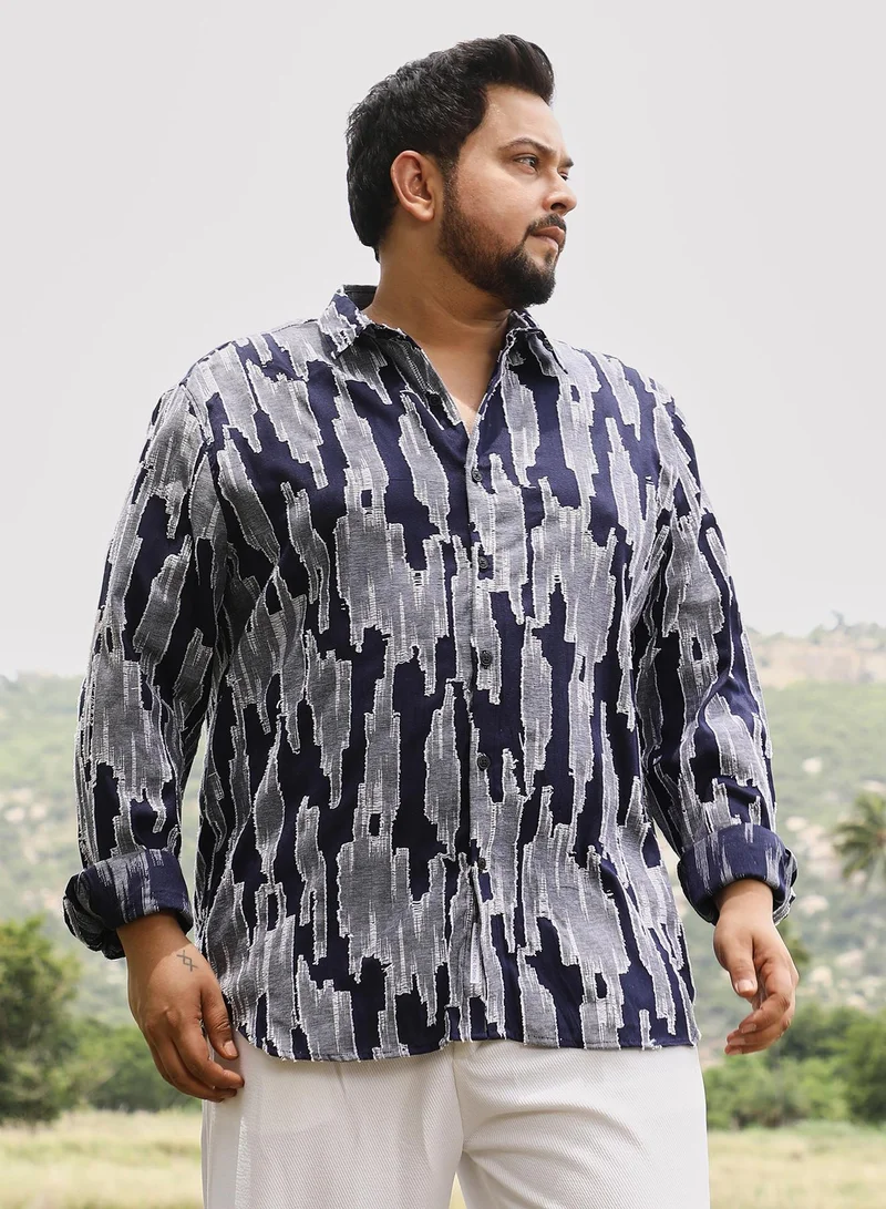 انستافاب بلس Instafab Men's Navy Blue Contrast-Distressed Jacquard Shirt | Spread Collar , Long Cuffed Sleeves , Button Closure | Abstract Jacquard | Cotton-Blend Shirt For Casual Wear