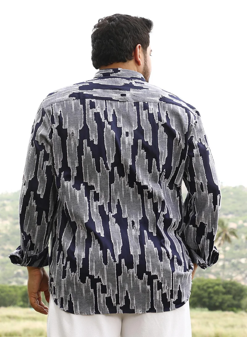 Instafab Plus  Instafab Men's Navy Blue Contrast-Distressed Jacquard Shirt | Spread Collar , Long Cuffed Sleeves , Button Closure | Abstract Jacquard | Cotton-Blend Shirt For Casual Wear for Men | Best Price UAE