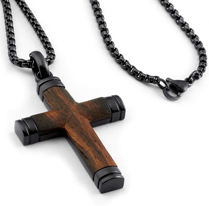 Metal Masters Store Co. Black Stainless Steel Cross Pendant, Real Santos Wood Free Necklace 24" Round Box Chain - Image 1
