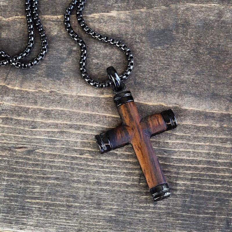 Metal Masters Store Co. Black Stainless Steel Cross Pendant, Real Santos Wood Free Necklace 24" Round Box Chain - Image 5