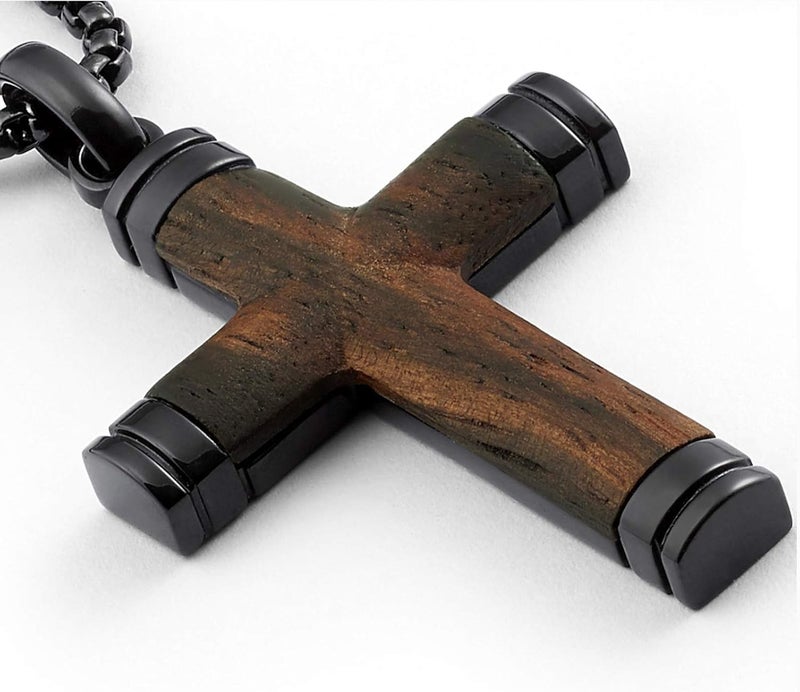 Metal Masters Store Co. Black Stainless Steel Cross Pendant, Real Santos Wood Free Necklace 24" Round Box Chain - Image 2