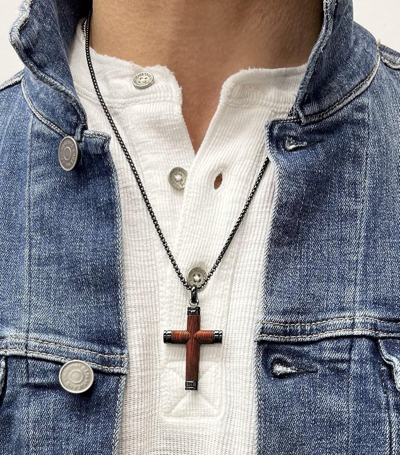 Metal Masters Store Co. Black Stainless Steel Cross Pendant, Real Santos Wood Free Necklace 24" Round Box Chain - Image 3