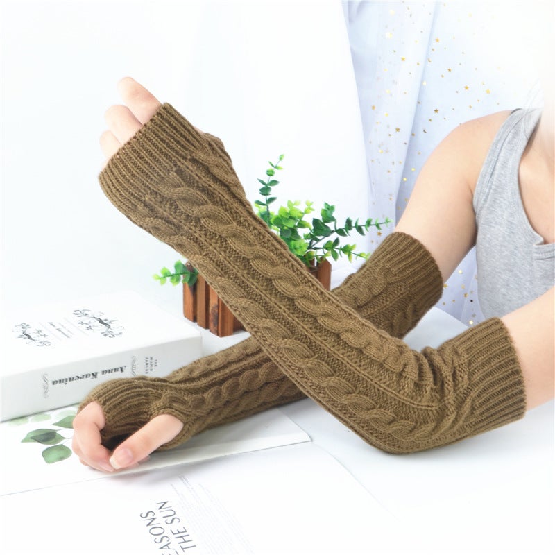 Winter Knit Fingerless Arm Warmers Women Khaki 