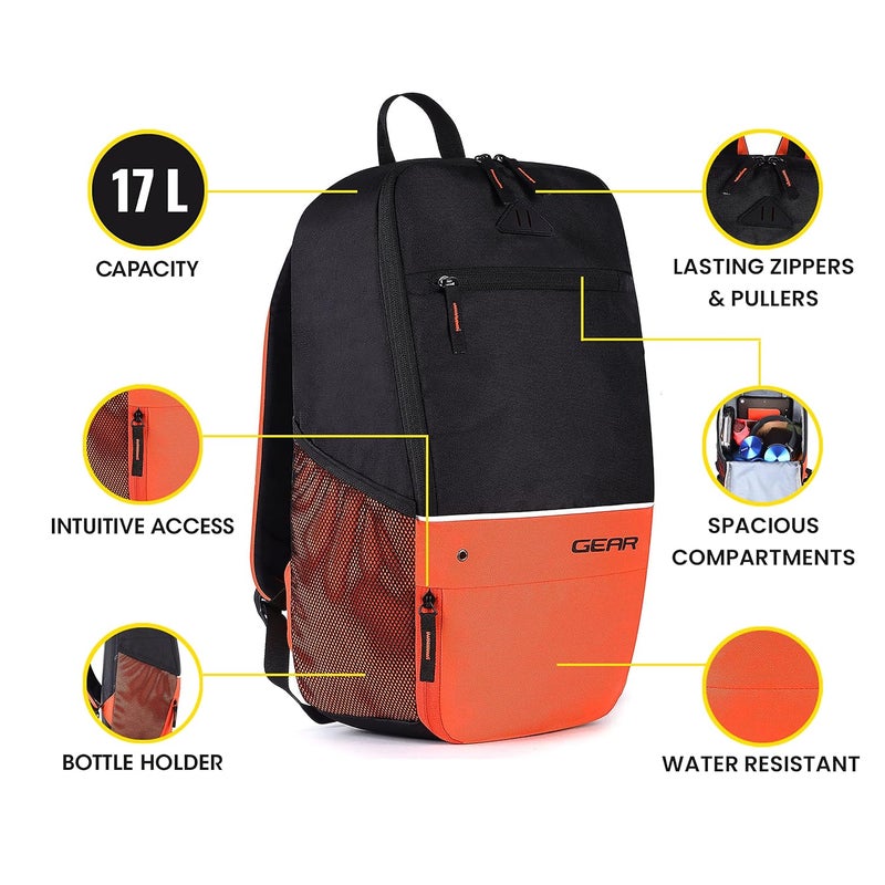 Gear حقيبة مدرسية مقاومة للماء بحجم XL 16L/حقيبة ظهر قياسية غير رسمية 4 حجرات/حقيبة كلية/حقيبة رياضية مع حجرة للأحذية للرجال/النساء (أسود-برتقالي) - Image 2