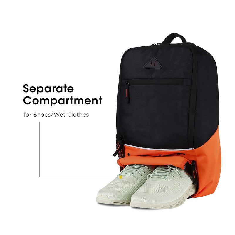 Gear حقيبة مدرسية مقاومة للماء بحجم XL 16L/حقيبة ظهر قياسية غير رسمية 4 حجرات/حقيبة كلية/حقيبة رياضية مع حجرة للأحذية للرجال/النساء (أسود-برتقالي) - Image 3