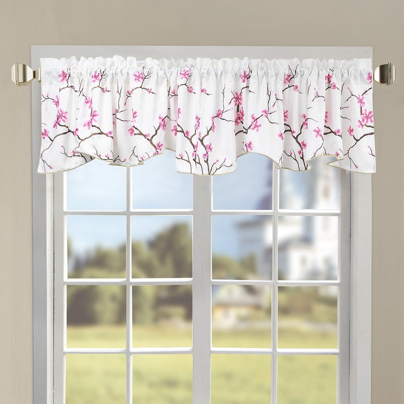 Home Soft Things 1 Piece Cherry Blossom Embroidery Valance Pink 60 x 19 Scalloped Flower Floral Window Curtain Valance Thick Drapes for Bedroom Decor with Rod Pocket