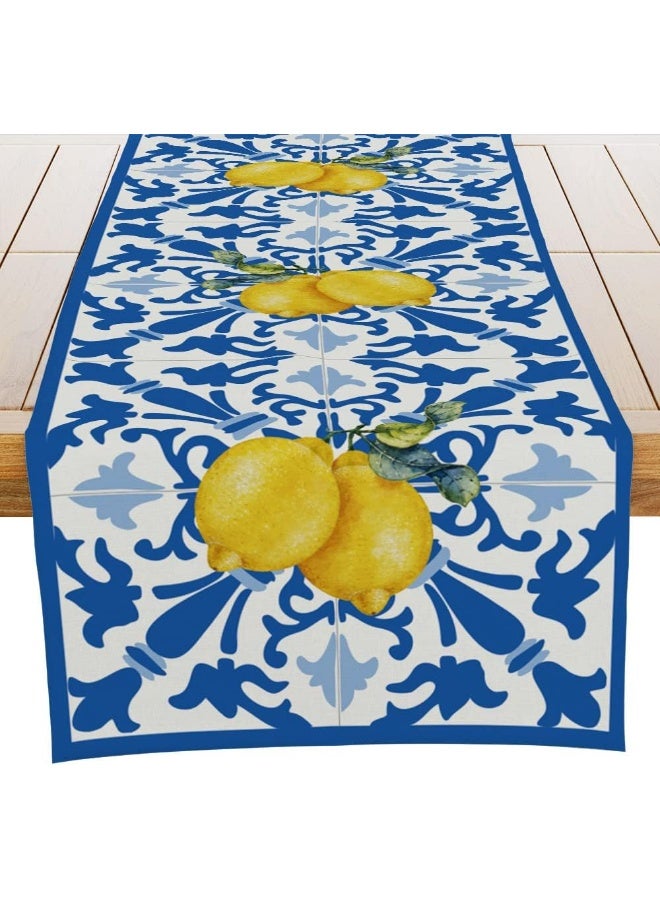Banlai Italy Blue Tiles Runner Decorative, Italian Lemons Summer Table Runner Decorations For Dinning Room Kitchen Dresser Decor For Party Holiday, Housewarming Gifts For Women Couple New Home, 13X73  - Image 1