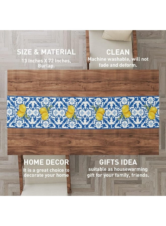 Banlai Italy Blue Tiles Runner Decorative, Italian Lemons Summer Table Runner Decorations For Dinning Room Kitchen Dresser Decor For Party Holiday, Housewarming Gifts For Women Couple New Home, 13X73  - Image 2