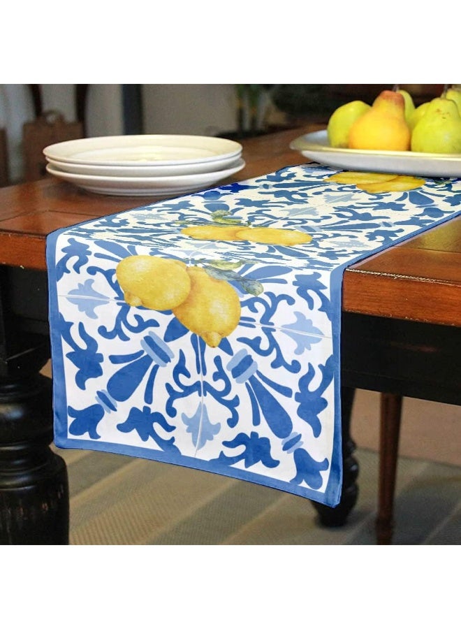 Banlai Italy Blue Tiles Runner Decorative, Italian Lemons Summer Table Runner Decorations For Dinning Room Kitchen Dresser Decor For Party Holiday, Housewarming Gifts For Women Couple New Home, 13X73  - Image 3